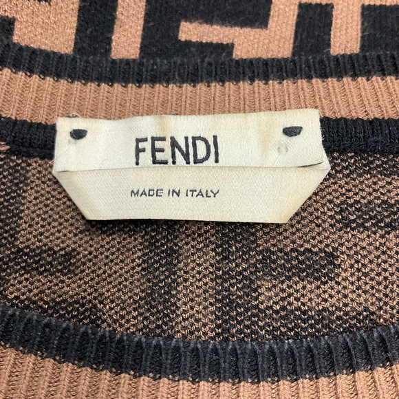 FENDI TOBACCO / BLACK FF LOGO ZUCCA PATTERN SHORT SLEEVED KNIT PULLOVER SWEATER - Picture 4 of 6